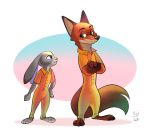  absurd_res anthro barefoot cheek_tuft clothed clothing crossed_arms disney duo eeviart eye_contact facial_tuft fully_clothed fur green_eyes grey_body grey_fur hi_res inner_ear_fluff judy_hopps jumpsuit lagomorph leporid looking_at_another mammal neck_tuft nick_wilde purple_eyes rabbit smile standing tuft zootopia 