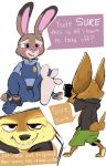  2019 anthro barefoot bodily_fluids bottomwear brown_body brown_eyes brown_fur camera canid canine clothed clothing cutaway dialogue disney duo english_text fennec finnick foot_fetish fox fully_clothed fur grey_body grey_fur hi_res judy_hopps lagomorph leporid mammal mrpuddles police_uniform purple_eyes rabbit recording shirt shorts sitting speech_bubble sweat sweatdrop text topwear uniform zootopia 