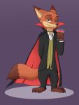  2019 anthro barefoot beverage brown_body brown_fur canid canine cape clothed clothing costume dipstick_ears disney fangs fox fully_clothed fur green_eyes halloween hi_res holding_beverage holding_object holidays looking_at_viewer mammal mew-me multicolored_ears nick_wilde orange_body orange_fur purple_background red_fox simple_background smile solo standing zootopia 
