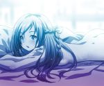  1girl :o ass bed_sheet braid breasts dokidoki!_precure eyebrows_visible_through_hair gradient half_updo highres hishikawa_rikka kazuma_muramasa long_hair looking_at_viewer lying monochrome nude on_bed on_stomach open_mouth precure solo 