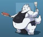  anthro apron arctic_fox beef belly belly_overhang big_belly canid canine claws clothed clothing cooking cookware food fox frying_pan fur gritzoz hi_res holding_object kitchen_spatula kitchen_utensils male mammal meat moobs navel obese obese_male overweight overweight_male skimpy solo spatula standing steak thick_thighs toe_claws tongue tongue_out tools white_body white_fur 