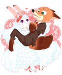  &lt;3 2016 anthro barefoot black_nose blush bodily_fluids bottomwear bridal_carry canid canine carrying cheek_tuft clothed clothing disney dress duo facial_tuft female fox fully_clothed fur green_eyes grey_body grey_fur judy_hopps lagomorph leporid looking_at_another mammal necktie nick_wilde numairiaoi orange_body orange_fur pants pink_nose purple_eyes rabbit red_fox smile standing suit sweat sweatdrop teeth tuft wedding_dress zootopia 