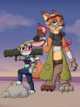  2020 anthro bomb canid canine cloud dipstick_ears disney duo explosives eyewear female fox fur goggles grey_body grey_fur hi_res holding_gun holding_object holding_weapon judy_hopps lagomorph leporid looking_at_viewer mammal mew-me midriff multicolored_ears nick_wilde orange_body orange_fur outside pose rabbit red_fox rock sky smile standing weapon zootopia 