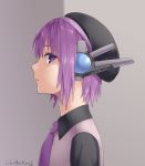  black_headwear black_shirt collared_shirt copyright_name from_side grey_background headgear looking_at_viewer mutsubizuki necktie parted_lips profile purple_eyes purple_hair purple_neckwear purple_vest shirt short_hair utane_uta utau vest 