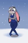  2019 anthro buckteeth cheek_tuft clothed clothing cold crossed_arms dipstick_ears disney ears_down facial_tuft female fully_clothed fur grey_body grey_fur hi_res judy_hopps lagomorph leporid mammal mew-me multicolored_ears pivoted_ears rabbit snow snowing solo standing teeth tuft zootopia 