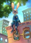  2019 absurd_res anthro brown_body brown_fur building city clothed clothing detailed_background disney duo eeviart fully_clothed fur grey_body grey_fur hi_res judy_hopps lagomorph leporid low-angle_view mammal mouse murid murine pink_nose purple_eyes rabbit rodent sitting size_difference sky window zootopia 