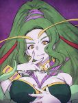  1girl breasts character_name choker cleavage_cutout crescent crescent_earrings earrings evil_smile fang finger_to_face green_hair green_pupils hair_up highres hoop jewelry kazuma_muramasa large_breasts long_hair multicolored multicolored_eyes nail_polish ophiuchus_(precure) pale_skin precure purple_background purple_nails smile solo spoilers star star-shaped_pupils star_twinkle_precure symbol-shaped_pupils wristband yellow_eyes 