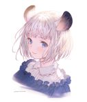  1girl animal_ears blue_eyes blush closed_mouth eyebrows_visible_through_hair face frills mouse_ears mouse_girl original short_hair signature simple_background smile solo wadanaka white_background white_hair 