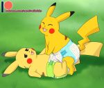  2019 bulge bulge_frottage carnival-tricks clothing diaper diaper_fetish dipstick_ears duo erection erection_under_clothing eyes_closed grass looking_pleasured lying male male/male multicolored_ears nintendo on_back on_ground pattern_diaper pikachu pok&eacute;mon pok&eacute;mon_(species) smile tenting text tongue url video_games yellow_body 
