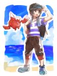  1boy backpack bag beach black_hair creature floating gen_4_pokemon hk_(nt) ocean outdoors pokedex pokemon pokemon_(creature) pokemon_(game) pokemon_sm rotom rotom_dex sand shirt shoes striped striped_shirt you_(pokemon) 