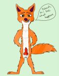  2d_artwork animal_genitalia animal_penis anthro balls canid canine canine_penis disney fox fur genitals green_eyes male mammal nick_wilde orange_body orange_fur penis red_fox smile solo speech_bubble text unknown_artist white_chest zootopia 