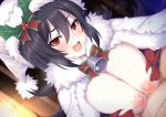  1boy 1girl bangs bell black_hair blush bow breast_squeeze breasts cape censored cleavage fang fur-trimmed_cape fur_trim gloves hair_between_eyes hat hetero holly horosuke_(toot08) ilya_ornstein large_breasts long_hair looking_at_viewer mosaic_censoring nipples open_mouth paizuri penis princess_connect! princess_connect!_re:dive red_eyes red_gloves santa_hat sidelocks slit_pupils smile solo_focus sweat white_cape white_headwear 