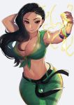  1girl arm_behind_head asymmetrical_hair black_hair breasts cleavage closed_mouth cornrows dark_skin electricity highres kagematsuri large_breasts laura_matsuda long_hair looking_at_viewer midriff navel red_eyes smile solo street_fighter street_fighter_v twitter_username 