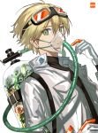  1boy blonde_hair commentary_request extraspiky eyebrows_visible_through_hair gloves goggles goggles_on_head green_eyes highres jacket looking_at_viewer male_focus original oxygen_mask oxygen_tank plant white_background white_gloves white_jacket 