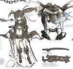  1girl black_choker black_coat black_eyes black_gloves black_hair black_rock_shooter black_shorts blue_eyes blue_fire boots broken broken_chain chain choker closed_mouth coat collarbone dual_wielding fire gloves hair_between_eyes holding holding_sword holding_weapon long_hair navel parted_lips short_shorts shorts so_ki_chi solo standing sword twintails weapon 