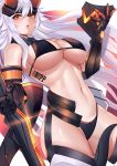  1girl absurdres barcode_tattoo bikini black_bikini breasts character_request cleavage cowboy_shot dutch_angle english_commentary faulds gauntlets headpiece highres holding holding_sword holding_weapon honkai_(series) honkai_impact_3rd large_breasts long_hair navel noise_paper orange_eyes panties swimsuit sword tattoo underboob underwear weapon white_hair 