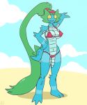  bikini blue_body blue_skin blue_sky breasts clothing erect_nipples female green_hair hair hi_res invalid_tag liska_(scalie_schoolie) maddworld nipples sand scalie scalie_schoolie sky smile solo spikes swimwear webcomic 