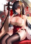  1girl absurdres azur_lane black_hair black_legwear blood blood_on_face breasts china_dress chinese_clothes cleavage dress empty_eyes higandgk highres large_breasts long_hair red_eyes taihou_(azur_lane) thighs twintails very_long_hair yandere 