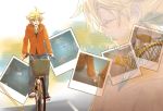  1boy bicycle bicycle_basket blonde_hair blue_eyes cellphone chain-link_fence commentary denim fence full_body ground_vehicle holding holding_cellphone holding_hands holding_phone jacket jeans kagamine_len male_focus open_mouth orange_jacket pants phone photo_(object) projected_inset road sakanashi shoes sky sneakers spiked_hair street translated vocaloid worried 