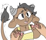  2020 ambiguous_gender anthro blush bovid bovine cattle clothed clothing digital_media_(artwork) duo female female_focus fingers hair hi_res horn looking_at_viewer mammal manitka manitka_(character) open_mouth pawpads paws simple_background solo_focus teeth topwear white_background 