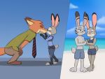  2019 4:3 anthro anthro_on_anthro beach blush bottomwear canid canine clothed clothing cloud disney ear_markings eyes_closed facial_markings fox fully_clothed fur grey_body grey_fur head_markings hi_res jack_savage judy_hopps kissing lagomorph leporid mammal markings mew-me midriff necktie nick_wilde orange_body orange_fur pants rabbit red_fox sand sea seaside shirt side_view sky smile topless topwear water zootopia 