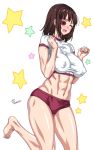  1girl absurdres artist_name blush breasts brown_hair buruma cameltoe closed_eyes covered_nipples eyepatch groin gym_shirt gym_uniform highres kamoi_tsubame large_breasts leg_up midriff muscle navel no_bra onomeshin open_mouth red_buruma shiny shiny_hair shiny_skin shirt short_hair simple_background smile solo standing star tongue uchi_no_maid_ga_uzasugiru! white_background white_shirt 