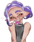  1boy bare_shoulders blush condom condom_in_mouth condom_wrapper dark_skin grin heart looking_at_viewer mouth_hold naughty_face octoling orange_eyes pointy_ears ponytail purple_hair short_ponytail smile solo souzaipan splatoon_(series) splatoon_2 splatoon_2:_octo_expansion sweatdrop tank_top tentacle_hair 