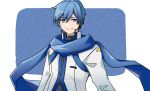  1boy blue_background blue_eyes blue_hair blue_scarf coat headphones headset kaito looking_at_viewer male_focus masahiro08_28 scarf smile solo upper_body vocaloid white_coat zipper 