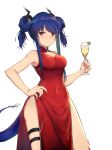  1girl arknights bangs bare_arms bare_shoulders blue_hair blush breasts ch&#039;en_(arknights) china_dress chinese_clothes chinese_commentary cleavage cleavage_cutout commentary_request covered_navel cowboy_shot cup double_bun dress drinking_glass hand_on_hip highres holding holding_cup horns long_hair looking_at_viewer medium_breasts pelvic_curtain red_dress red_eyes side_slit simple_background sleeveless sleeveless_dress solo standing tail thigh_strap twintails vchan white_background wine_glass 