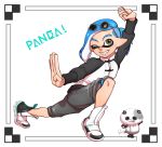  1boy blue_hair closed_eyes english_text eyewear_on_head fangs full_body green_eyes inkling kojajji-kun_(splatoon) kouhai_(souzaipan) pose short_ponytail shorts solo souzaipan splatoon_(series) tentacle_hair 