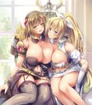  1boy 2girls bare_shoulders blonde_hair blue_eyes blush bow breasts brown_hair cleavage copyright_request elf fantasy gloves green_eyes hair_bow harem helmet highres ifo large_breasts long_hair multiple_girls navel orc pointy_ears ponytail sleeveless thighhighs 