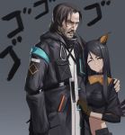  1boy 1girl absurdres animal_ears arknights beard black_hair chinese_commentary closed_mouth commentary_request dobermann_(arknights) doctor_(arknights) dog_ears ex929684007 facial_hair gloves grey_background highres jacket john_wick keanu_reeves long_hair looking_at_viewer mustache nose one_eye_closed teeth upper_body 