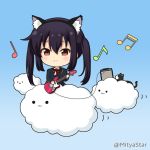  1girl :3 amplifier animal animal_ear_fluff animal_ears bangs beamed_sixteenth_notes black_cat black_hair black_hairband black_jacket blazer blue_background blush brown_eyes cat cat_ears chibi closed_mouth cloud collared_shirt commentary_request eighth_note fake_animal_ears fender_mustang hair_between_eyes hairband holding holding_instrument instrument jacket k-on! long_hair miicha musical_note nakano_azusa neck_ribbon quarter_note red_ribbon ribbon school_uniform shirt smile solid_circle_eyes solo twintails twitter_username white_shirt 