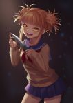  1girl :d backlighting bangs blonde_hair blue_sailor_collar blue_skirt blush boku_no_hero_academia brown_cardigan cardigan combat_knife cowboy_shot double_bun eyebrows_behind_hair fangs highres holding holding_knife jiantai knife long_sleeves looking_at_viewer messy_hair neckerchief open_mouth pleated_skirt red_neckwear sailor_collar school_uniform serafuku sidelocks skirt sleeves_past_wrists smile solo standing toga_himiko upper_teeth weapon yellow_eyes 