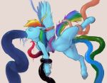  2018 abdominal_bulge anal blue_body blue_ears blue_feathers blue_fur blue_wings bodily_fluids bound digital_media_(artwork) equid equine eyes_closed feathered_wings feathers female feral friendship_is_magic fur genital_fluids grey_background hair hi_res hooves long_hair long_tail mammal multicolored_hair multicolored_tail my_little_pony napalm_express neck_bulge oral oral_penetration penetration pterippus pussy_juice quadruped rainbow_dash_(mlp) rainbow_hair rainbow_tail saliva side_view simple_background suspended_in_midair tentacle_sex tentacles vaginal wings 