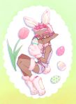  1boy animal_ears bare_shoulders blush bunny_ears bunny_paws bunny_tail dark_skin dark_skinned_male easter easter_egg egg eyebrows flower full_body hairband highres holding_egg inkling looking_at_viewer orange_eyes over-rim_eyewear pink-framed_eyewear pink_hair semi-rimless_eyewear senpai_(souzaipan) short_shorts shorts smile solo souzaipan spiked_hair splatoon_(series) tail tulip 