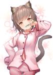  1girl animal_ear_fluff animal_ears blush brown_eyes brown_hair brushing_teeth cat_ears cat_girl cat_tail collared_shirt commentary_request floral_background hand_on_hip holding holding_toothbrush long_sleeves navel original pajamas pants pink_pajamas pink_pants pink_shirt rk_(rktorinegi) shirt short_hair sleeves_past_fingers sleeves_past_wrists solo tail tail_raised toothbrush white_background 