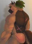  2020 anthro blush brown_body brown_fur butt canid canine canis chizo domestic_dog fur hi_res kemono male mammal scar slightly_chubby solo tokyo_afterschool_summoners video_games yasuyori 