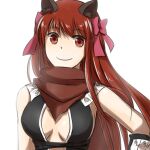  1girl animal_ears armor assassin_cross_(ragnarok_online) bangs black_gloves black_leotard bow breasts cat_ears closed_mouth commentary_request elbow_gloves eyebrows_visible_through_hair gloves hair_bow leotard long_hair looking_at_viewer medium_breasts natsuya_(kuttuki) pauldrons pink_bow ragnarok_online red_eyes red_hair red_scarf revealing_clothes scarf shoulder_armor simple_background smile solo upper_body vambraces white_background 