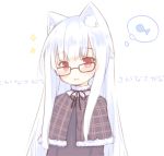  1girl animal_ear_fluff animal_ears bangs black-framed_eyewear black_capelet black_shirt blush capelet cat_ears eyebrows_visible_through_hair fur-trimmed_capelet fur_trim glasses looking_at_viewer lowres original parted_lips red_eyes sakurato_ototo_shizuku shirt simple_background solo sparkle thought_bubble translation_request upper_body white_background white_hair 