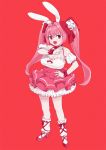  1girl animal_ears bangs bow breasts bunny_ears choker di_gi_charat dice dice_hair_ornament dress eyebrows_visible_through_hair fang frilled_dress frills full_body hair_bow hair_ornament hand_on_hip highres large_breasts long_hair ojipon open_mouth pink_footwear pink_hair red_background red_eyes ribbon ribbon_choker simple_background solo standing twintails usada_hikaru 