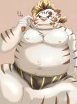  11768hoshi 2020 anthro belly blue_eyes blush clothing eyewear felid glasses hi_res humanoid_hands kemono licho_(tas) male mammal moobs navel nipples overweight overweight_male pantherine simple_background sitting solo tiger tokyo_afterschool_summoners underwear video_games 