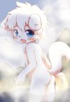  anthro blue_eyes blush butt canid canine canis cub domestic_dog fur hair hi_res hot_spring kasasagi kemono male mammal nude open_mouth partially_submerged short_hair solo towel water white_body white_fur white_hair young 