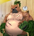  2020 absurd_res anthro belly black_nose canid canine canis cute_fangs domestic_dog hi_res humanoid_hands kemono male mammal moobs moonwhitetiger nipples overweight overweight_male pubes scar solo tokyo_afterschool_summoners video_games yasuyori 