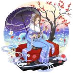  1girl arrow black_legwear blue_kimono brown_hair closed_mouth floral_print flower full_body fur-trimmed_kimono fur_trim furisode hair_flower hair_intakes hair_ornament hair_ribbon highres holding_arrow japanese_clothes kimono looking_at_viewer obi official_art oriental_umbrella print_kimono purple_eyes purple_umbrella red_flower ribbon sash short_hair_with_long_locks sidelocks sitting smile solo sortiliena_serlut sword_art_online tabi transparent_background tree umbrella white_flower white_ribbon 