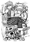  1girl blackcat_(pixiv) chain clock closed_eyes crossed_legs dated dual_persona eyebrows_visible_through_hair greyscale hair_between_eyes hat kazami_yuuka kazami_yuuka_(pc-98) long_hair looking_at_viewer mary_janes monochrome nightcap open_clothes open_vest pants pillow plaid plaid_pants plant pocket_watch roman_numerals roots shoes short_sleeves sitting skull skull_pile sleeping smile touhou touhou_(pc-98) vest vines watch white_background 