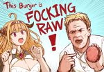  1boy 1girl ahoge bangs blonde_hair blunt_bangs braid breasts buttons cleavage english_text eyebrows_visible_through_hair food gem gordon_ramsay hairband hamburger hololive horns jii3 kiryuu_coco large_breasts long_hair open_mouth orange_hair pointing red_eyes tears virtual_youtuber 