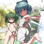  2girls artist_name bare_arms bare_shoulders barefoot bdsm bloomers blue_bow blue_eyes blue_hair blush bondage bound bound_wrists bow camisole cirno collar collarbone crotch_rope daiyousei green_eyes green_hair hair_between_eyes hair_bow hands_together highres huxiao_(mistlakefront) ice ice_wings leash leg_up looking_back multiple_girls nude open_mouth ponytail rope short_hair touhou underwear water waterfall wings yellow_bow 
