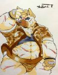  2020 anthro belly canid canine canis clothing domestic_dog hat headgear headwear hi_res humanoid_hands kemono male mammal musclegut navel overweight overweight_male scar shirt simple_background solo suishou0602 sumo tokyo_afterschool_summoners topwear video_games yasuyori 
