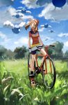  1girl absurdres bicycle blue_sky brown_hair cloud cloudy_sky flying_sweatdrops gloves grass ground_vehicle haruka_(pokemon) highres ligton1225 medium_hair open_mouth outdoors pokemon pokemon_(game) pokemon_rse red_footwear sky smile tree white_gloves 